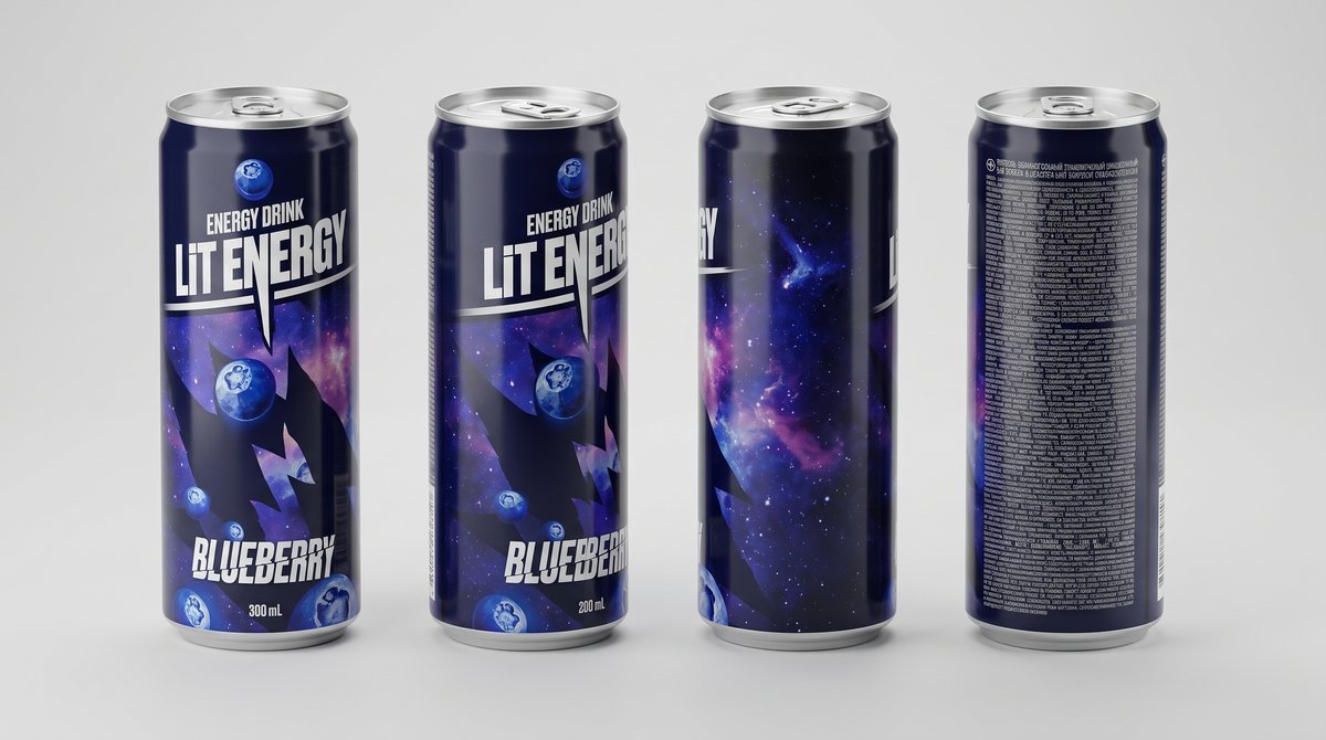 Сгенерированная развёртка банки LIT ENERGY: фас, 45°, профиль, оборот